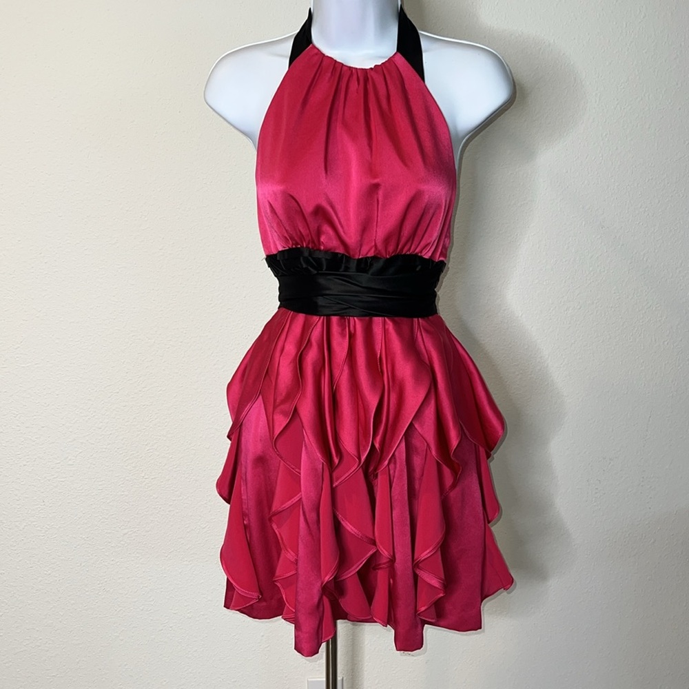BCBGMaxAzria Hot Pink Halter Ruffle Cocktail Dress with Black Waist HOMECOMING